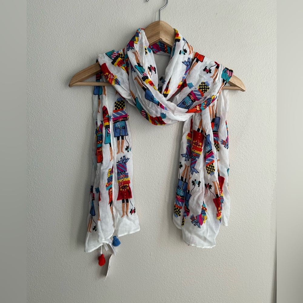 NWT Vintage Talbots Scarf Whimsical Shoppers Print With Tassels 100% Viscose - Picture 2 of 8